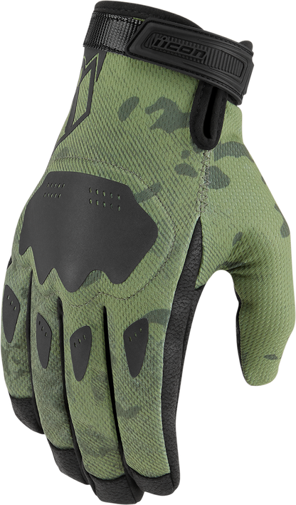 Bill's Exhausts ICON Hooligan™ CE gloves in green camo, 3XL size, showing rugged tactical glove design with reinforced palms and adjustable straps.