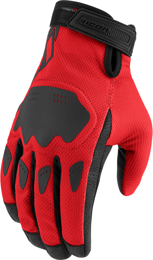 Red ICON Hooligan CE gloves in 2XL size from Bill's Exhausts, showing the protective motorcycle gloves with padded knuckles.