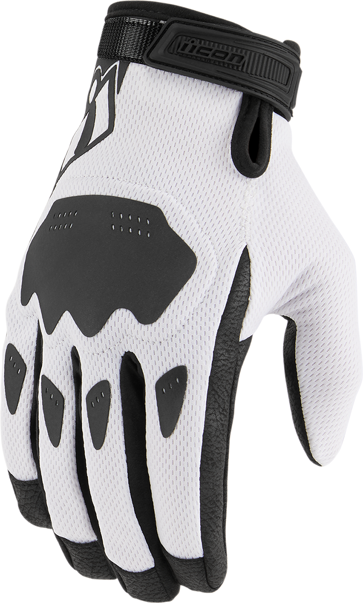 White ICON Hooligan™ CE gloves in XL size, made by Bill's Exhausts, featuring protective design and durable construction.