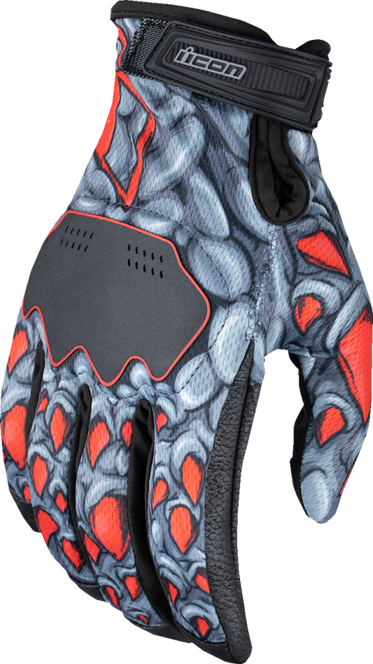 Bill's Exhausts ICON Hooligan Kryola Kreep Gloves in red, small size, showing textured fabric and secure wrist closure.