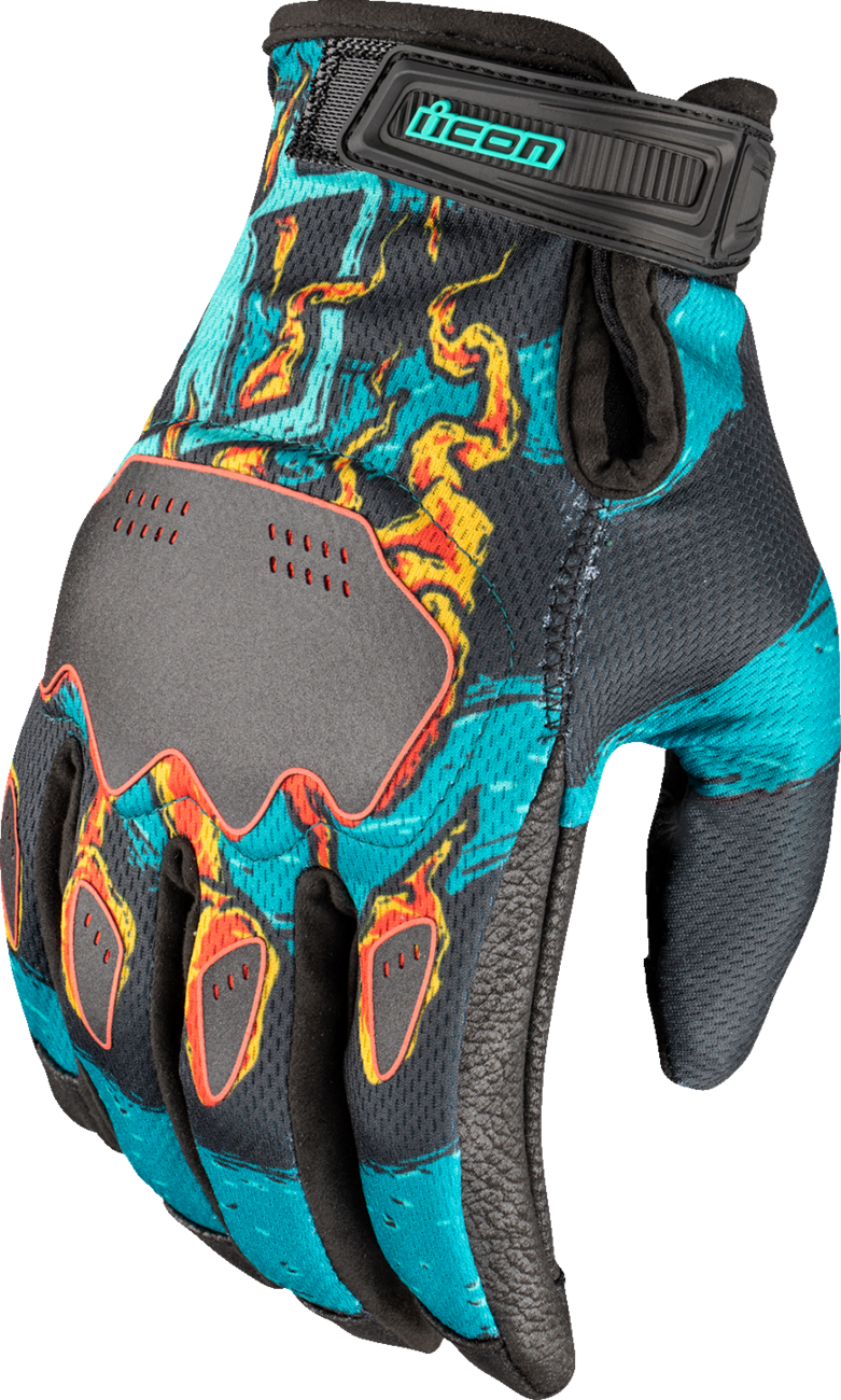 ICON Hooligan Munchies Gloves in teal, 2XL size, black and teal design, made by Bill's Exhausts, featuring durable glove material.
