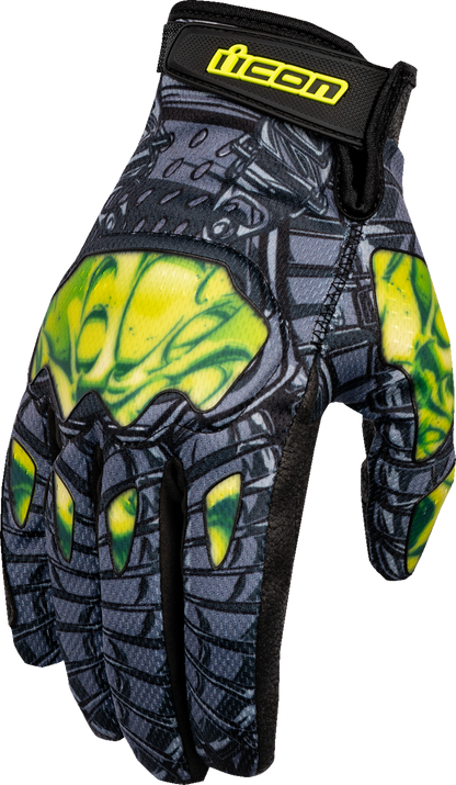 Green ICON Hooligan Outbreak™ gloves in large size by Bill's Exhausts, featuring durable protective design for motorcycle riding.