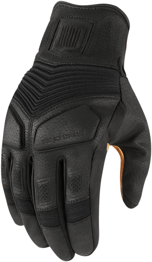 Black ICON Nightbreed™ gloves in XL size, made by Bill's Exhausts, with detailed stitching and textured grip for motorcycle riding.