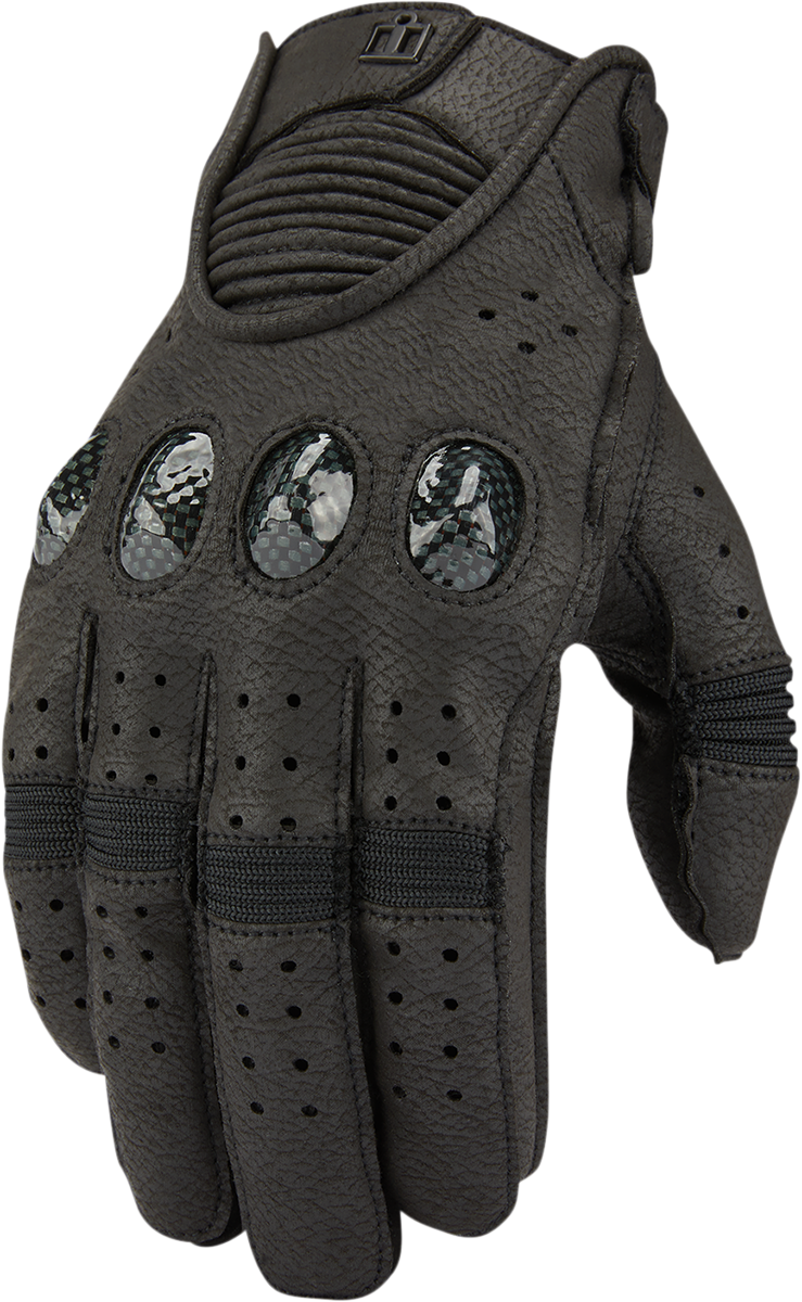 Black ICON Outdrive™ Gloves by Bill's Exhausts in Small size, showing close-up of textured leather and durable stitching.