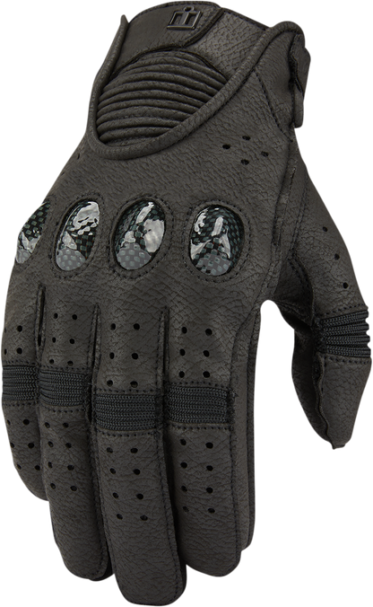 Black ICON Outdrive™ Gloves by Bill's Exhausts in Small size, showing close-up of textured leather and durable stitching.