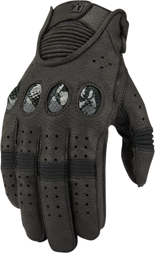 Black ICON Outdrive™ Gloves by Bill's Exhausts in Small size, showing close-up of textured leather and durable stitching.
