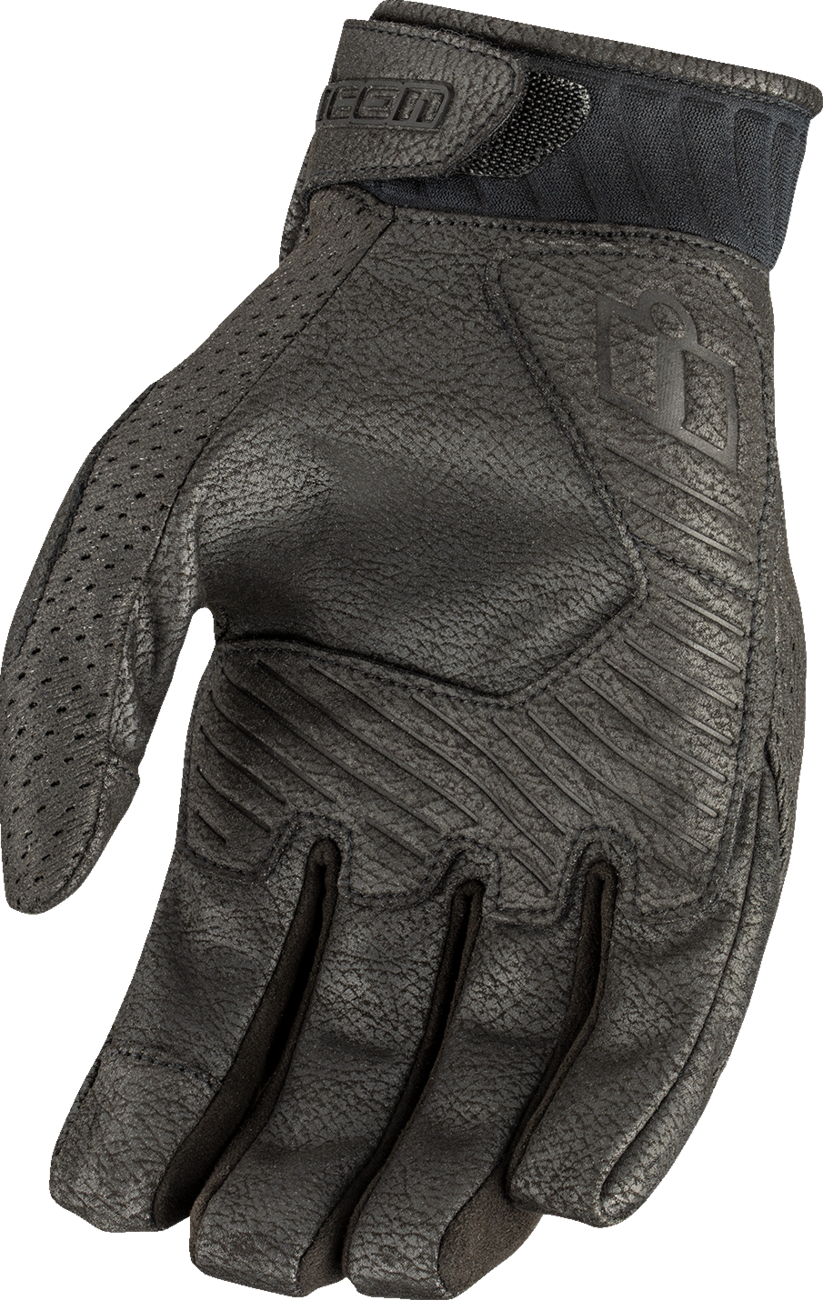Black ICON Overlord3™ gloves in XL size from Bill's Exhausts, showing the sleek design and durable material.
