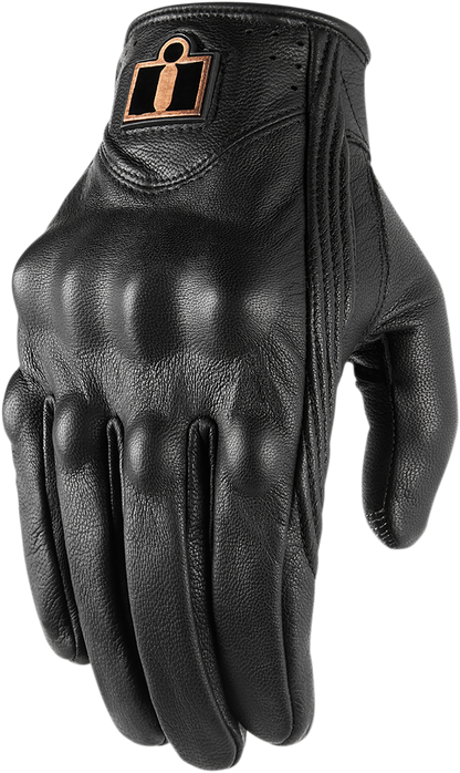 Black ICON Pursuit Classic™ gloves in 2XL, showing the durable leather design and stitching details for motorcycle riding.