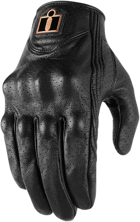 Black ICON Pursuit Classic™ Perforated Gloves in 4XL size by Bill's Exhausts, showing breathable perforated design and snug fit.