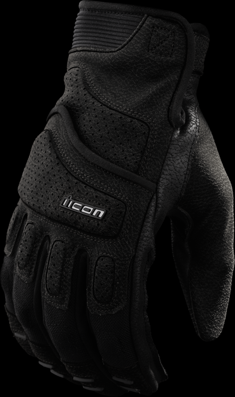 Black ICON Superduty3™ gloves by Bill's Exhausts, small size, showing durable leather and secure wrist closure.