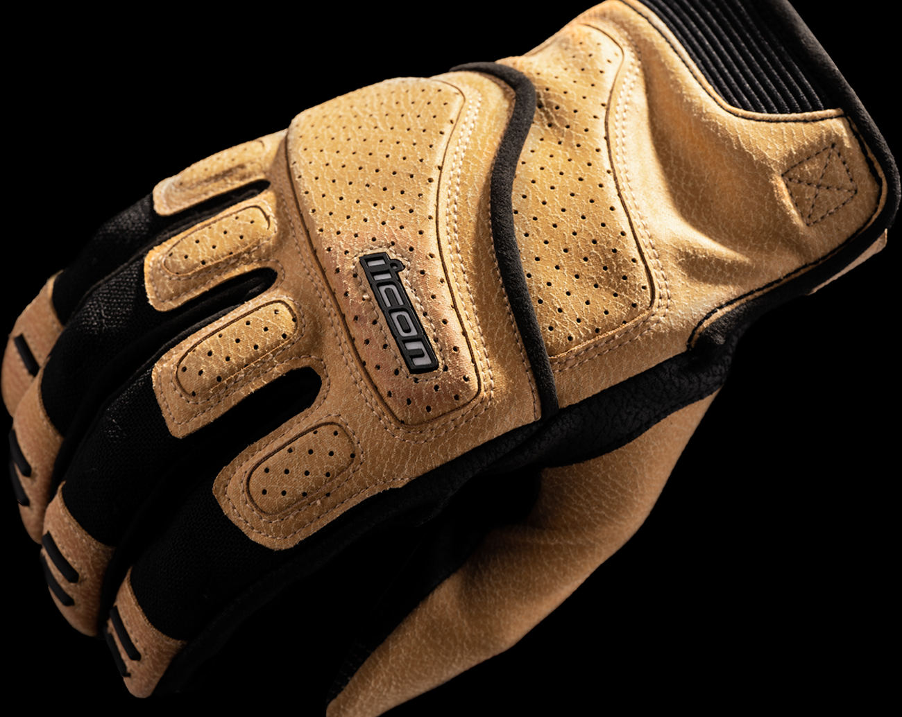 Tan ICON Superduty3™ gloves by Bill's Exhausts, small size, shown with textured leather and reinforced fingertips.