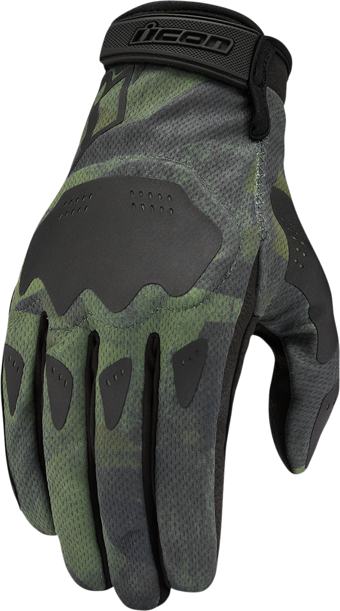 Open box ICON Hooligan Battlescar gloves in green, medium size, by Bill's Exhausts, featuring rugged design and protective features.