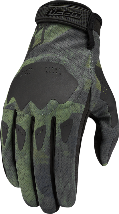 Open box ICON Hooligan Battlescar gloves in green, medium size, by Bill's Exhausts, featuring rugged design and protective features.