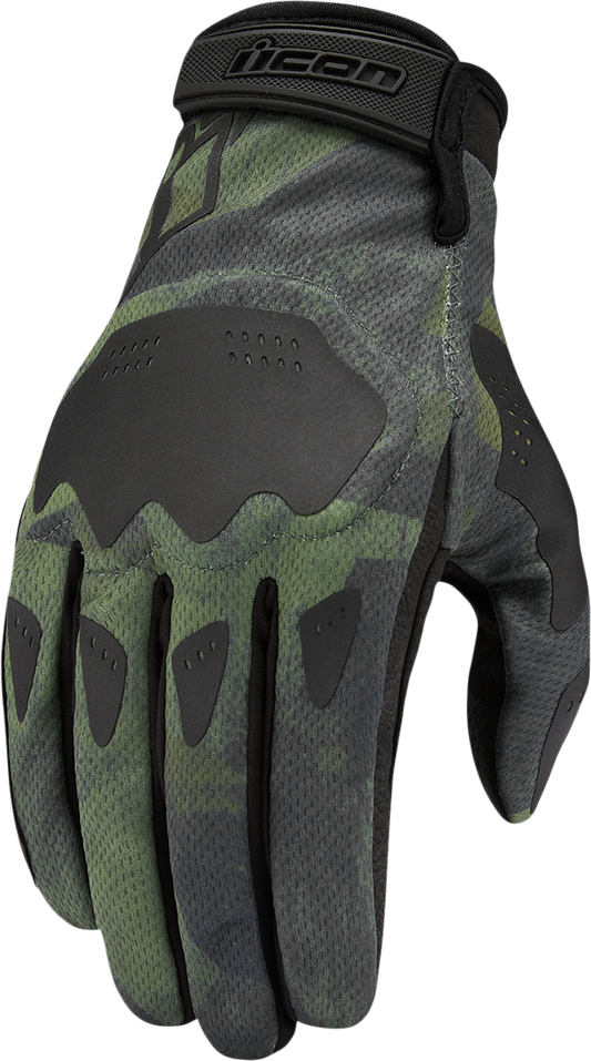 Open box ICON Hooligan Battlescar gloves in green, medium size, by Bill's Exhausts, featuring rugged design and protective features.