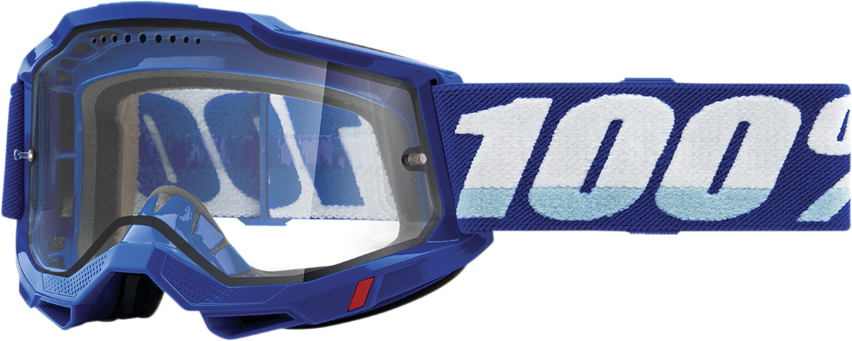 Bill's Exhausts 100% Accuri 2 Enduro MTB goggles in blue with clear lenses, designed for mountain biking protection and visibility.