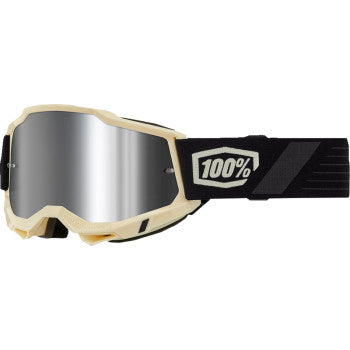 Bill's Exhausts 100% Accuri 2 Goggle in silver mirror with adjustable strap, designed for motocross and off-road riding.