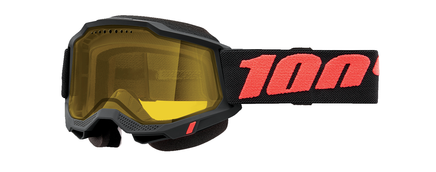 Bill's Exhausts 100% Accuri 2 Borego Yellow goggles with clear lenses and adjustable strap for motocross riding.