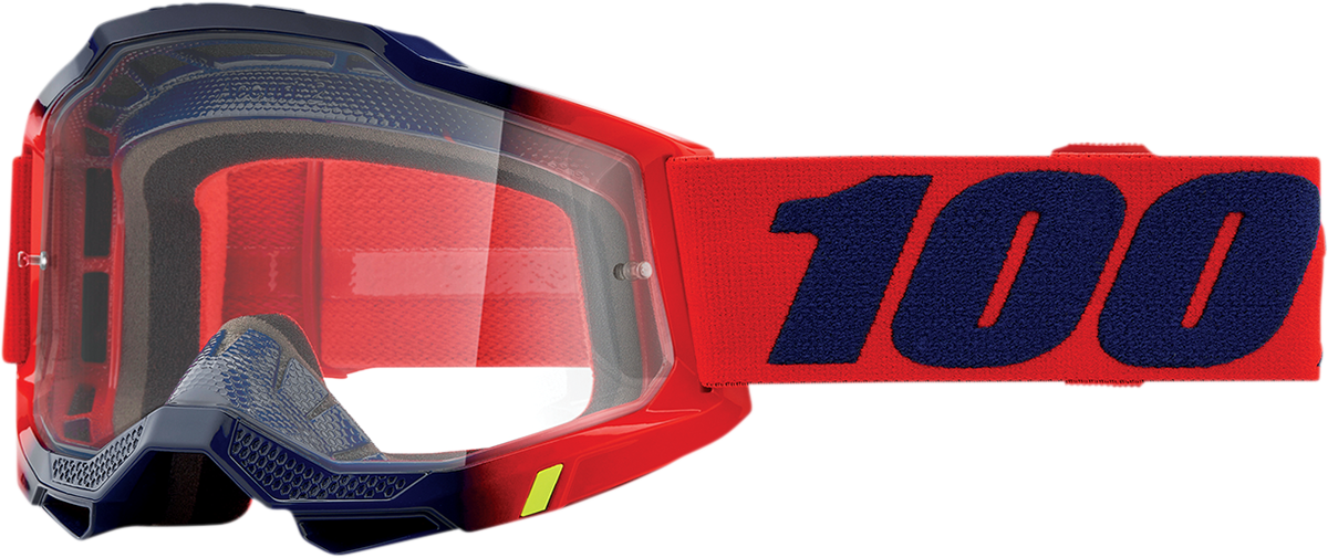 Bill's Exhausts 100% Accuri 2 Kearny goggles in clear with adjustable strap and tinted lenses for motorcycle or off-road riding.