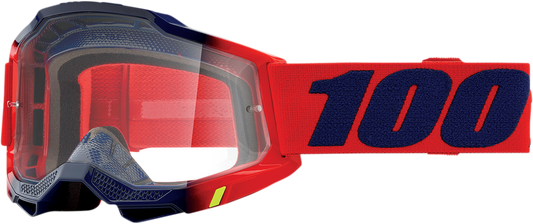 Bill's Exhausts 100% Accuri 2 Kearny goggles in clear with adjustable strap and tinted lenses for motorcycle or off-road riding.