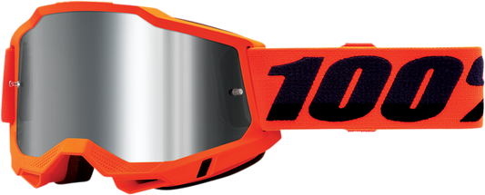 Bill's Exhausts 100% Accuri 2 Goggles in neon orange with silver mirror lenses, featuring a sleek, sporty design for active wear.