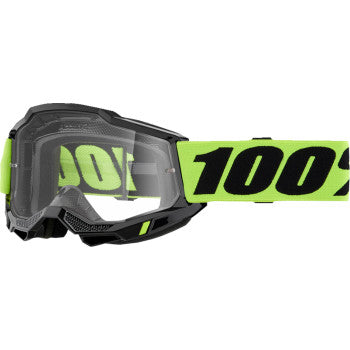 Bill's Exhausts 100% Accuri 2 OTG goggle in neon yellow with clear lens, designed for off-road and motocross riding.