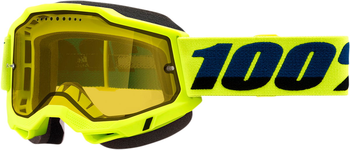 Bill's Exhausts 100% Accuri 2 Snow Goggles in Fluo Yellow with adjustable strap and tinted lenses for winter sports.