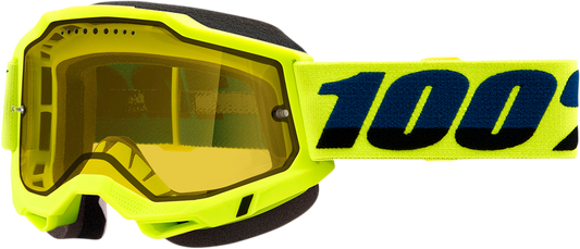 Bill's Exhausts 100% Accuri 2 Snow Goggles in Fluo Yellow with adjustable strap and tinted lenses for winter sports.