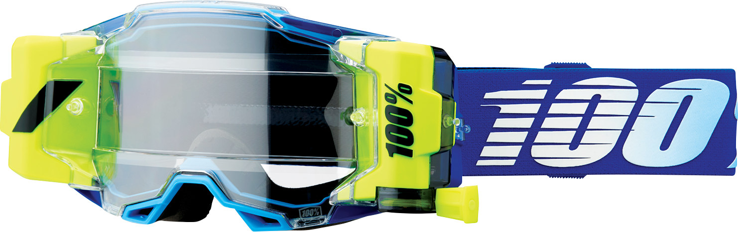 Bill's Exhausts 100% Armega Forecast Goggles in royal blue with clear lenses, designed for motorcycle or sports use.