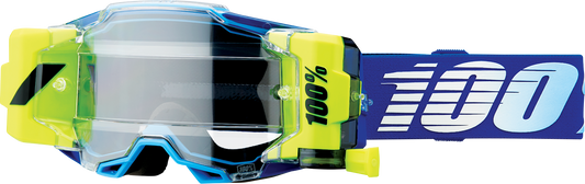 Bill's Exhausts 100% Armega Forecast Goggles in royal blue with clear lenses, designed for motorcycle or sports use.