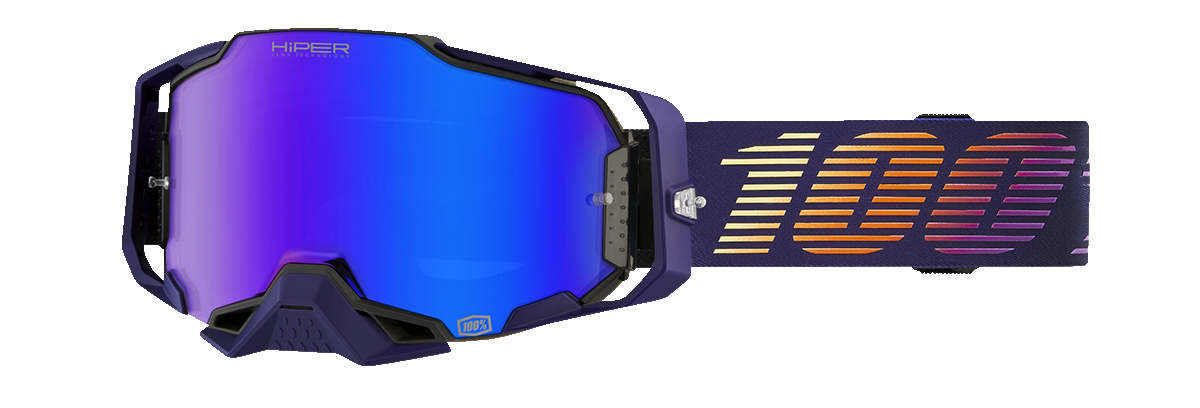 Bill's Exhausts 100% Armega Goggles Agenda HiPER Mirror Blue with tinted lenses and adjustable strap for eye protection and style.