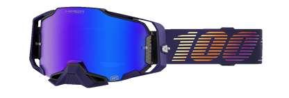 Bill's Exhausts 100% Armega Goggles Agenda HiPER Mirror Blue with tinted lenses and adjustable strap for eye protection and style.