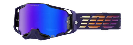 Bill's Exhausts 100% Armega Goggles Agenda HiPER Mirror Blue with tinted lenses and adjustable strap for eye protection and style.
