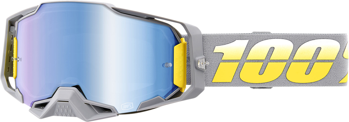 Bill's Exhausts 100% Armega Goggles Complex Blue Mirror with adjustable strap and reflective blue lenses for eye protection.