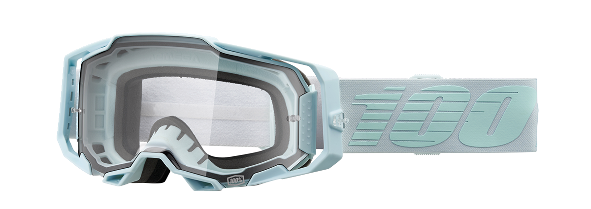 Bill's Exhausts 100% Armega Fargo goggles in clear with adjustable strap, designed for motorcycle or motocross riding.