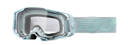 Bill's Exhausts 100% Armega Fargo goggles in clear with adjustable strap, designed for motorcycle or motocross riding.