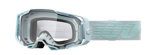 Bill's Exhausts 100% Armega Fargo goggles in clear with adjustable strap, designed for motorcycle or motocross riding.