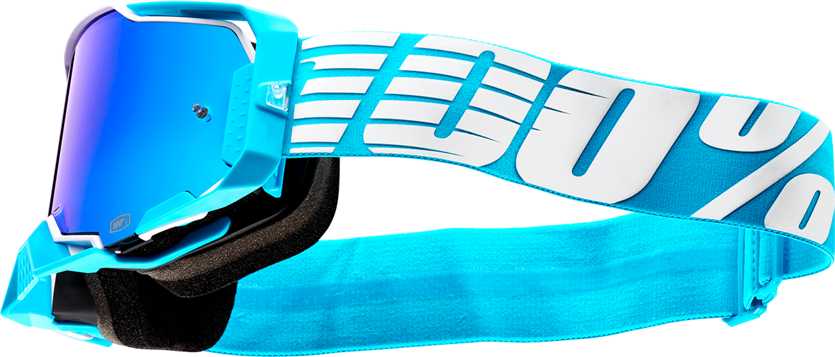 Bill's Exhausts 100% Armega Goggles Oversized Sky Blue Mirror with reflective lenses and black strap for motocross or riding.