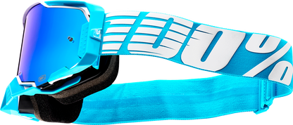 Bill's Exhausts 100% Armega Goggles Oversized Sky Blue Mirror with reflective lenses and black strap for motocross or riding.