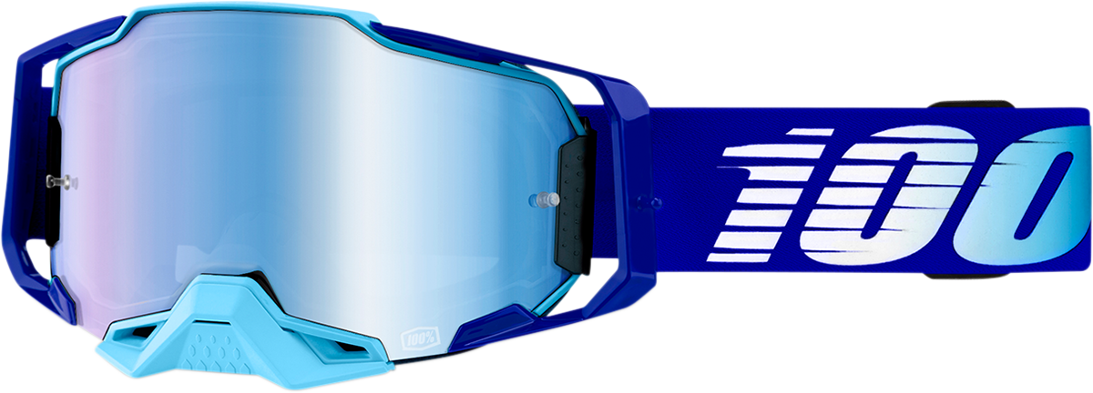 Bill's Exhausts 100% Armega Goggles in royal blue with mirror lenses, featuring a sleek design and adjustable strap.