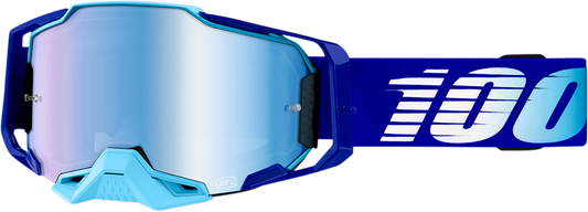 Bill's Exhausts 100% Armega Goggles in royal blue with mirror lenses, featuring a sleek design and adjustable strap.