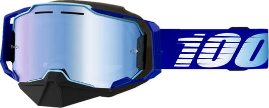 Bill's Exhausts 100% Armega Snow Goggles in royal blue with mirror lenses, designed for winter sports and snowboarding.
