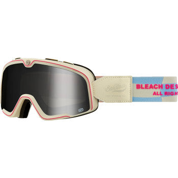 Bill's Exhausts 100% Barstow Goggle with bleach design and silver mirror lens, featuring a sleek, protective motorcycle goggles style.