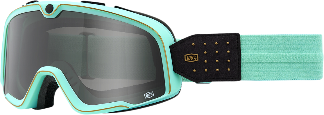 Bill's Exhausts 100% Barstow Goggles in Cardif Smoke with tinted lenses, designed for motorcycle or motocross riding.