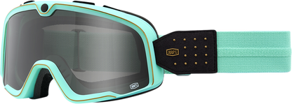 Bill's Exhausts 100% Barstow Goggles in Cardif Smoke with tinted lenses, designed for motorcycle or motocross riding.