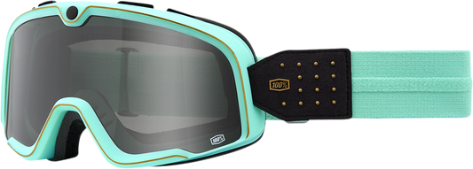 Bill's Exhausts 100% Barstow Goggles in Cardif Smoke with tinted lenses, designed for motorcycle or motocross riding.