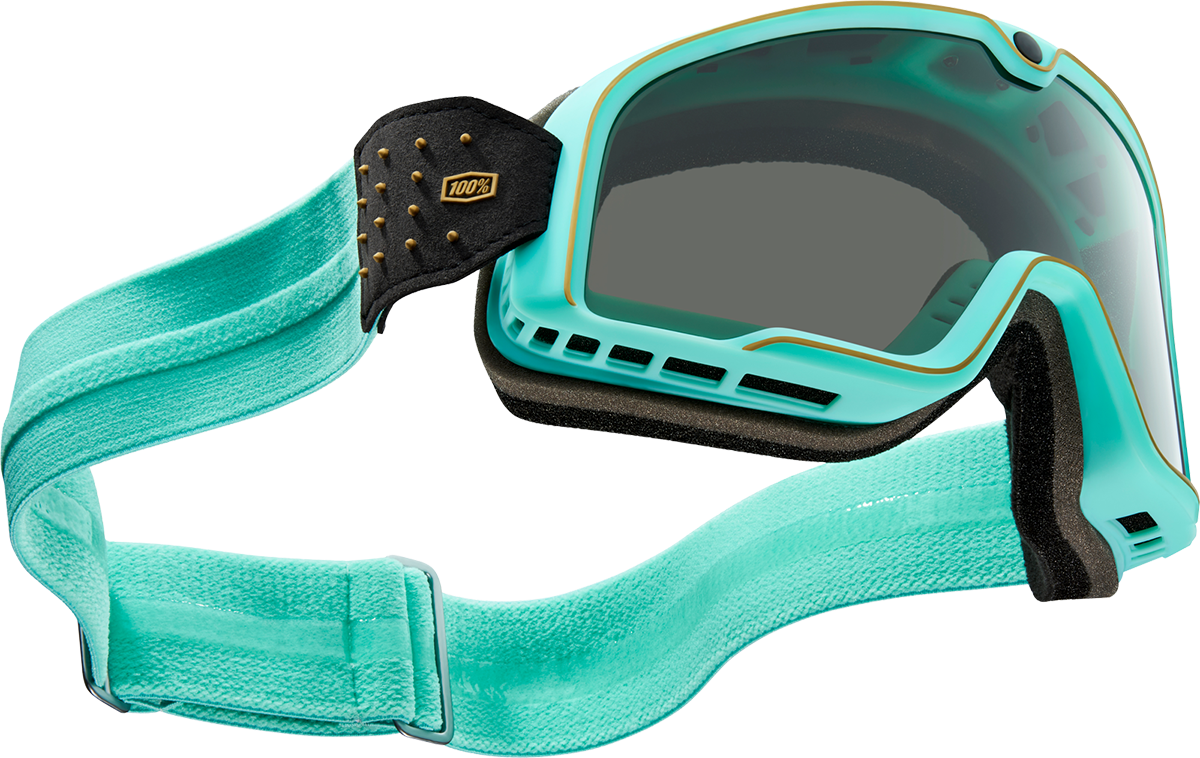 Bill's Exhausts 100% Barstow Goggles in Cardif smoke lens, featuring a sleek design and adjustable strap for motorcycle riding.