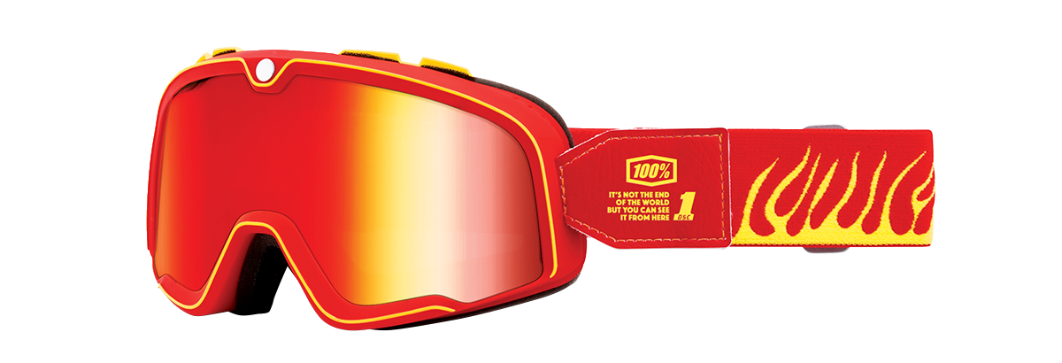 Bill's Exhausts 100% Barstow Goggles with Death Spray Red Mirror lens, featuring a sleek sporty design for motocross or off-road riding.