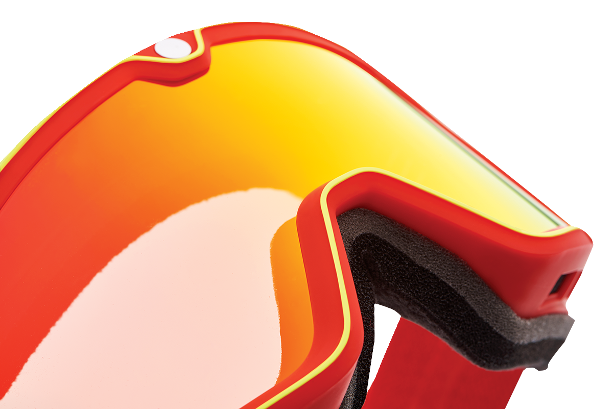 Bill's Exhausts 100% Barstow Goggles with Death Spray Red Mirror lens, riding gear for motocross and BMX activities.