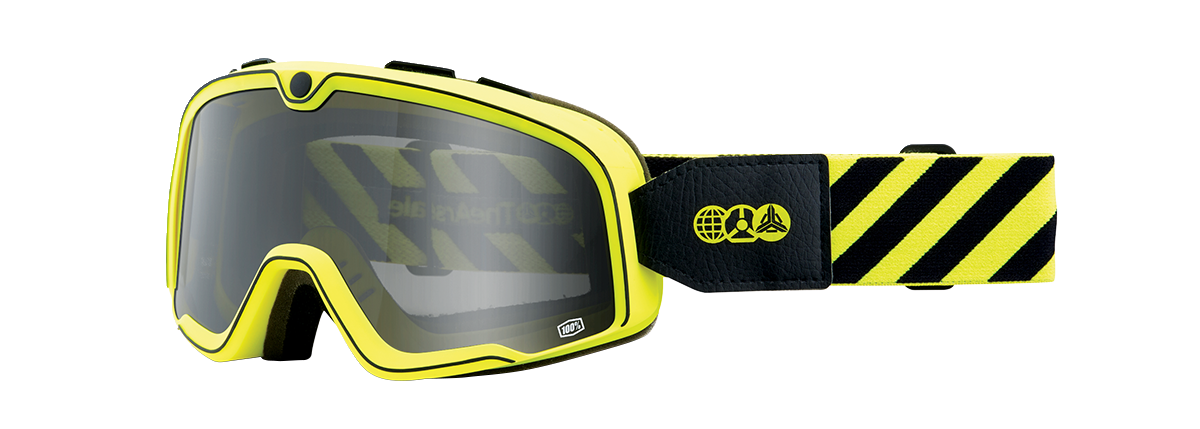 Bill's Exhausts 100% Barstow Goggles The Arsenale in smoke tint, featuring durable frame and clear lenses for motorcycle riding.