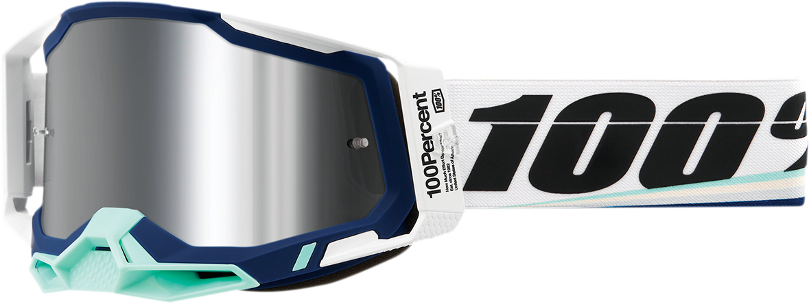 Bill's Exhausts 100% Racecraft 2 Goggles in Arsham silver mirror with tinted lenses, designed for motocross or racing use.